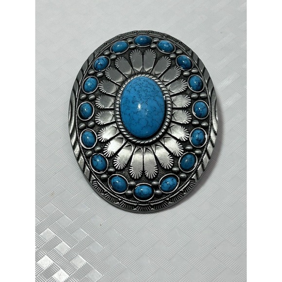 Retro Oval Turquoise Colored Stone Alloy Belt Buckle - Picture 1 of 9